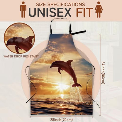 Cooking Aprons for Men and Women,Adjustable Bib Chef Apron with 2 Pockets, Soft and Durability Kitchen Apron - color: Dolphins Sunset