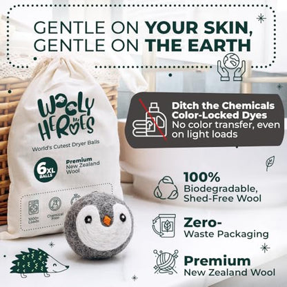 Chemical Free & Baby Safe! Reusable Wool Dryer Balls XL 6-Pack - Reduces Static, Cuts Dry Time, & Softens Naturally - color: 6 Penguins