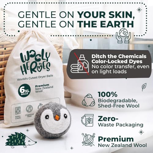 Chemical Free & Baby Safe! Reusable Wool Dryer Balls XL 6-Pack - Reduces Static, Cuts Dry Time, & Softens Naturally - color: 6 Penguins