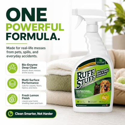 RUFF STUFF Max-Strength Bioenzyme Cleaner, Pet Stain & Odor Eliminator, Laundry Stain Remover Spray for Clothes, Dog Urine Carpet & Upholstery Cleaner, Lemon Scent, 32 Fl Oz