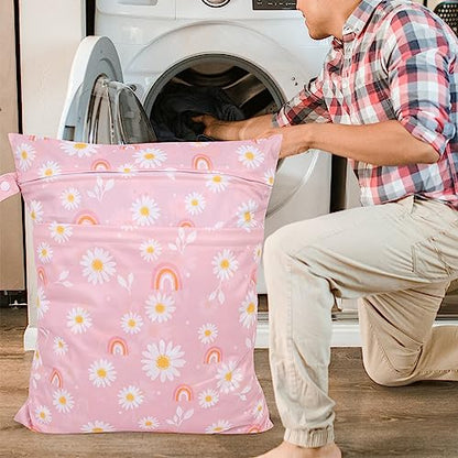 2pcs Travel Waterproof Laundry Bag, Cloth Diaper Wet Dry Bags with Handle & 2 Zipper Pockets, Reusable Washable Dirty Clothes Bag for Baby Adult Travelling Hanging, Bathing Beach Pool Daycare - color: Cartoon 1 White + Pink