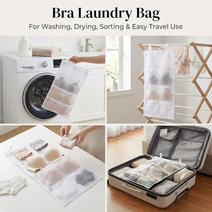 2 Pack Bra Laundry Bags for Washing Machine Bra Bags for Laundry 4-in-1 Mesh Bag for Washing, Drying, Storage and Dust Protection(D–F Cup Capacity)