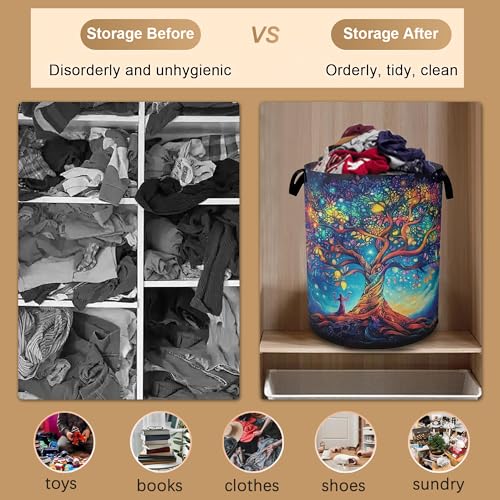 Cosmic Tree Laundry Hamper,Collapsible Laundry Baskets,Tree of Life Dirty Clothes Baskets with Handles,Oxford Cloth Hamper for Bedroom,Bathroom,College Dorms, 16"x20" - color: Cosmic Tree,Tree of Life