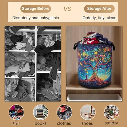 Cosmic Tree Laundry Hamper,Collapsible Laundry Baskets,Tree of Life Dirty Clothes Baskets with Handles,Oxford Cloth Hamper for Bedroom,Bathroom,College Dorms, 16"x20" - color: Cosmic Tree,Tree of Life