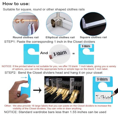 20 Pack White Clothing Rack Size Dividers Plus 45 Labels (1 Inch) and 18 Large Blank Labels, Large Rectangular Clothing Closet Dividers (Blue) - color: Blue, size: 20 PACK