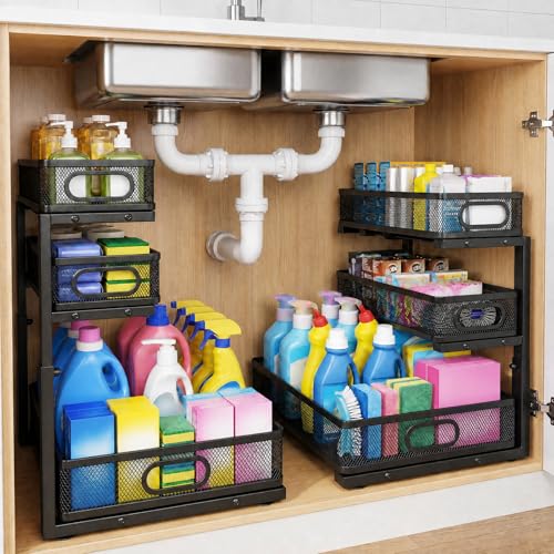 3-Tier Under Sink Organizer 2-Pack Organization for Bathroom Kitchen,Black - color: Black