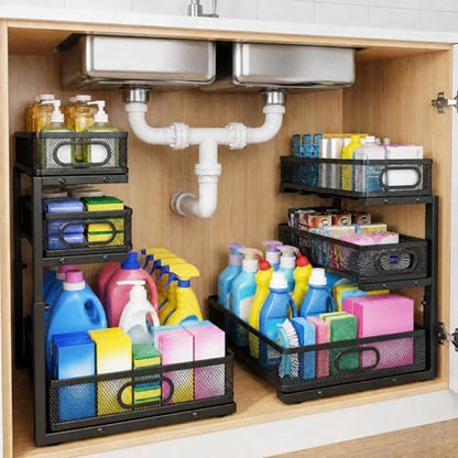 3-Tier Under Sink Organizer 2-Pack Organization for Bathroom Kitchen,Black - color: Black