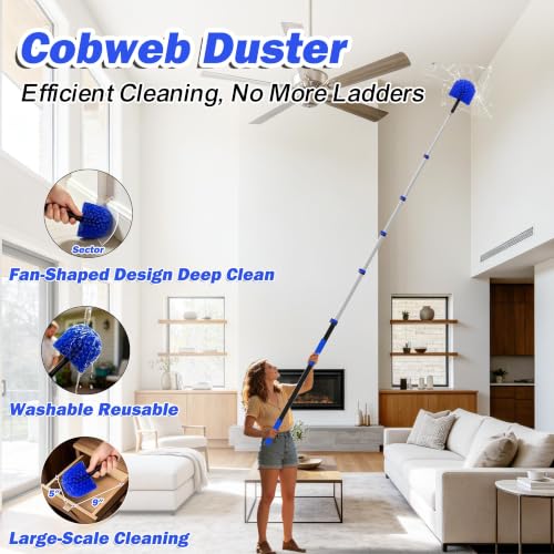 26FT Reach Duster Kits, Window Cleaning kit with 5-20FT Telescoping Extension Pole, Cobweb Duster, Washable Fan Duster for Ceiling, Window Squeegee for Glass and Microfiber Feather Duster - size: 20FT