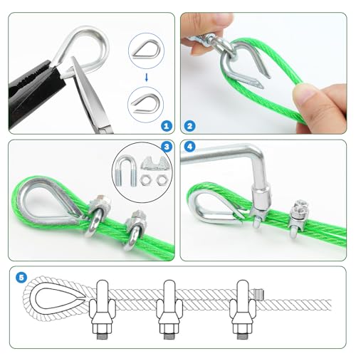 1/8" Clothes Line Outdoors, 100 ft PVC Coated Steel Cable Clip Kit - size: 1/8 IN x 100 FT