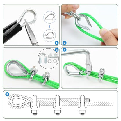 1/8" Clothes Line Outdoors, 100 ft PVC Coated Steel Cable Clip Kit - size: 1/8 IN x 100 FT