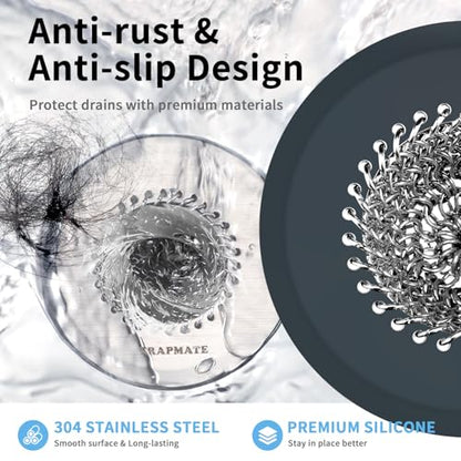 TRAPMATE 2PCS Bathtub Drain Strainer, 2.8" Patented Reversible Shower Tub Drain Hair Catcher, 304 Stainless Steel Drain Cover Protector fits Bathtub & Wash Basin, for Drains Under 2.5 Inches - color: Silver Silver