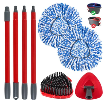 Spin Mop Handle Replacement for Ocedar, Mop Heads Replacements Compatible with RinseClean 2 Tank System, Include 2 Microfiber Spin Mop Replace Heads,4 Section Iron Mop Handle,1 Base and 1 Scrub Brush - size: 2 Tank-NEW
