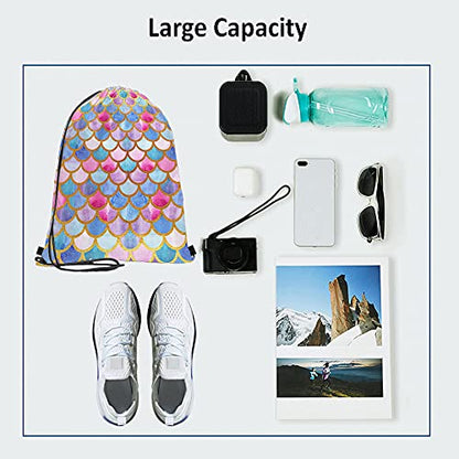 Mermaid Scales Drawstring Bags Backpack Bag Watercolor Animal Fish Mermaid Tale Pattern Cool Design Modern Sport Gym Sack Drawstring Bag String Bag Yoga Bag for Men Women - color: Multi-a107