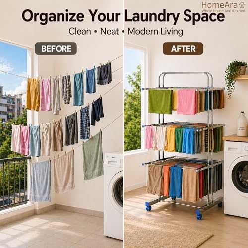 Heavy Duty Foldable Cloth Drying Stand, 3 Tier Mirror Finish Laundry Racks Clothes Stand Cloth Drying Rack Foldable and Movable Large Stainless Steel