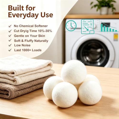Wool Dryer Balls 6 Pack, 100% New Zealand Wool to Core - color: 2.6"-white-6pcs
