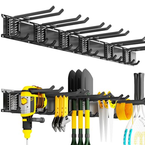 Garage Tool Organizer Wall Mount, 48 Inch Heavy Duty Garden Tool Organizer Storage System, Easy Install with 6 Adjustable Bilayer Hooks, for Garage, Basement, Shed, Workshop, Black, Steel - size: 48" - 6 Bilayer Hooks