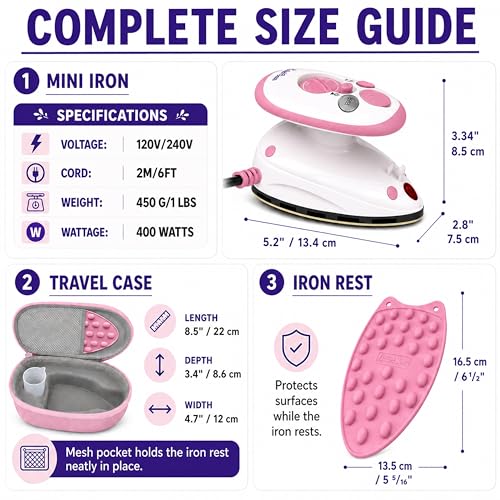 The Quilted Bear Premium Mini Steam Iron for Quilting and Travel, Pink - color: Pink, size: Premium Mini Iron Set