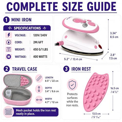 The Quilted Bear Premium Mini Steam Iron for Quilting and Travel, Pink - color: Pink, size: Premium Mini Iron Set