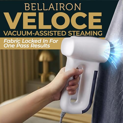 Bellairon Veloce Vacuum Garment Steamer, Next-Generation Handheld Clothing Steamer with 2500Pa Suction for Fabric Grip, Fast-Dry & Wearable Results, One-Hand Operation, 1100W, 120V