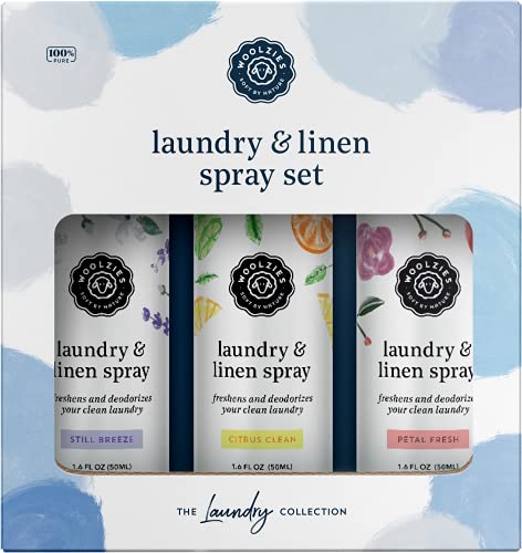 Woolzies Laundry Essential Oil Linen Spray Set | Use with Wool Dryer Balls, Face, & Body, Natural Room Mist | Includes Petal Fresh, Still Breeze, Citrus Clean 50 ML