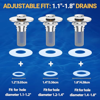 2PCS Bathroom Sink Stopper Strainer, Pop-Up Bathroom Sink Drain Strainer with Removable Stainless Steel Hair Catcher Basket, Universal Fit for US Bathroom Sinks, Bathtubs, Showers & Floor Drains - color: 2pcs