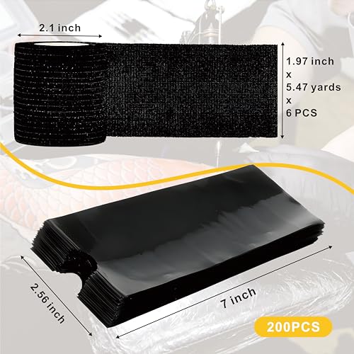 Tattoo Pen Covers 200PCS & 6 Rolls Grip Tape 2.56"x7" Black - color: Black