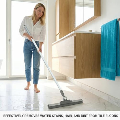 Floor Squeegee Broom - 52" Long Handle Rubber Scrubber for Bathroom, Tile, Shower, Glass, Pet Hair, Hardwood Floor - Adjustable Long Handle, Water Wiper with Replacement Blade (White)
