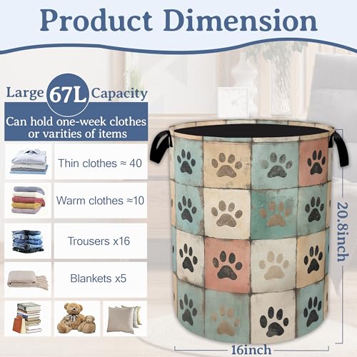 Cute Paw Print Laundry Basket,Foldable Oxford Cloth Vintage Laundry Hamper With Handle, 20.8"x16" Portable Clothes Storage Basket Bag for Laundry Room/Bathroom/Bedroom/Dormitories - color: Cute Paw Print Vintage