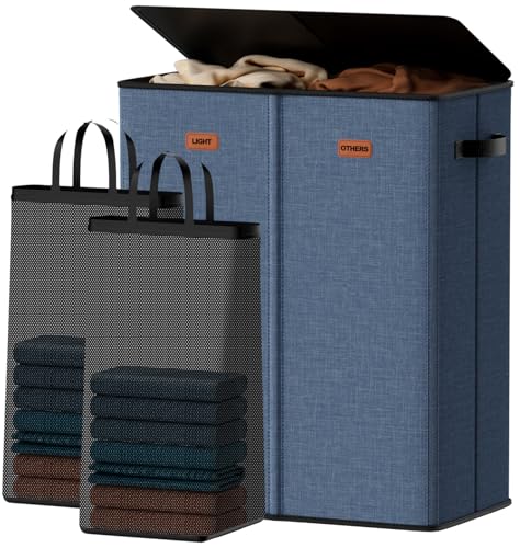 150L Double Laundry Hamper With Lid, Large Clothes Hampers with Removable Bag, Laundry Hamper 2 Section for Bathroom, Bedroom, Laundry Room, Dorm, Navy Blue - color: Navy Bule, size: 39.63 Gal - 2 Section