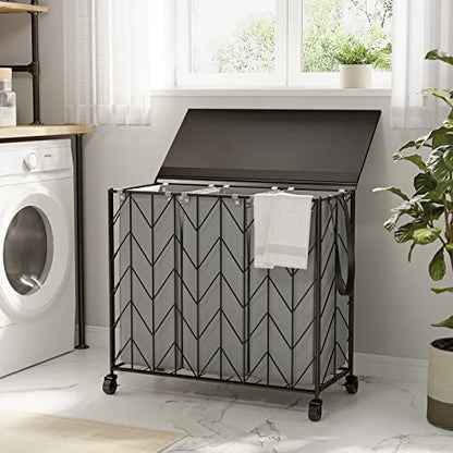 WOWLIVE Laundry Hamper 3 Section with Lid, 142L Laundry Basket with Wheels - color: Grey, size: 142l(28.35 x 13 x 26.4 Inches)
