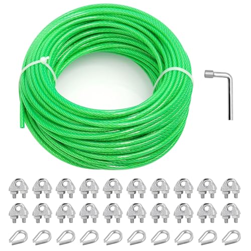 3/16" Clothes Line Outdoors, 100 ft PVC Coated Steel Cable Clip Kit - size: 3/16 IN x 100 FT