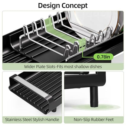 TOOLF Small Dish Drying Rack, Expandable and Space-Saving, Matte Black - color: Matte Black