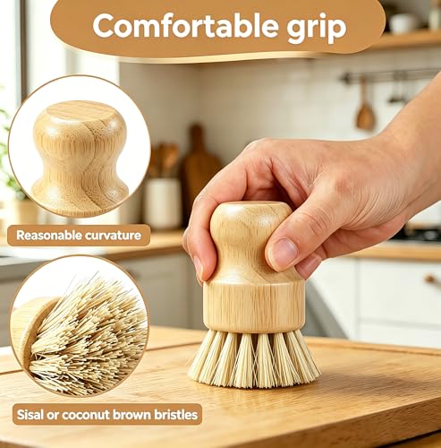 Bamboo Dish Brush Set with Palm and Sisal Bristles, 4 Pcs Natural Bamboo Dish Scrubber Brush for Kitchen Cleaning, Pots, Pans, Vegetables, Fruit