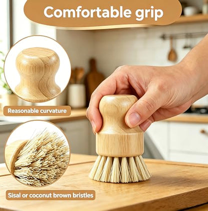 Bamboo Dish Brush Set with Palm and Sisal Bristles, 4 Pcs Natural Bamboo Dish Scrubber Brush for Kitchen Cleaning, Pots, Pans, Vegetables, Fruit