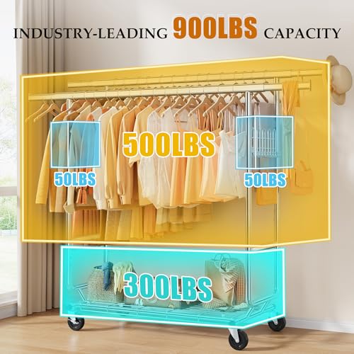 Gewudraw Clothes Rack Heavy Duty Load 900 Lbs With Wheels,Commercial,Chrome - color: Silver, style: Double Rod