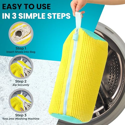 Shoe Washing Machine Bag 2 Pack – 360° Self-Locking Zipper Shoe Washing Bag for Washer and Dryer – Reusable Heavy-Duty Microfiber Cleaning Set for Sneakers, Boots & Athletic Footwear (Yellow)