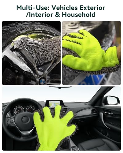 Car Wash Mitt, 2-Pack Microfiber Scratch Free Auto Detailing Supplies for Cleaning, Washing Dusting,Thickened 5-Finger Clean Gloves Design for Interior Exterior Cleaning Tight Spaces and Wheel