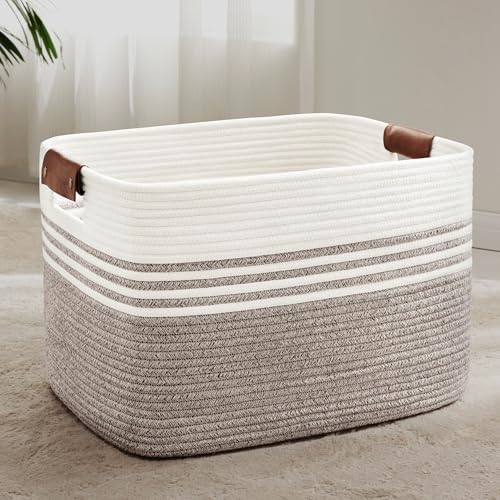 86L Woven Laundry Basket Hamper with Leather Handles,Dark Brown - color: Dark Brown, size: 86L