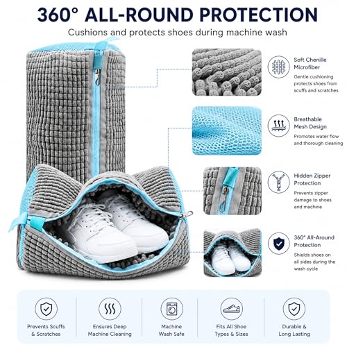 GEWON Shoe Washing Machine Bag for Sneakers, 360° Deep Cleaning, 2 Shoe Bags, 4 Dust Bags - color: Grey