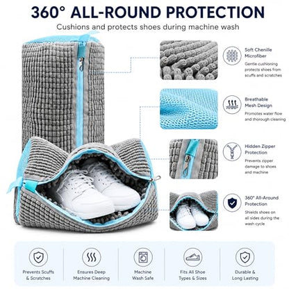 GEWON Shoe Washing Machine Bag for Sneakers, 360° Deep Cleaning, 2 Shoe Bags, 4 Dust Bags - color: Grey