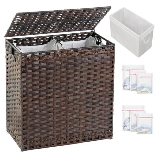 SETVSON Laundry Hamper with Lid Wicker Laundry Basket 112L PE, Brown - color: Brown, size: 29.6 Gal