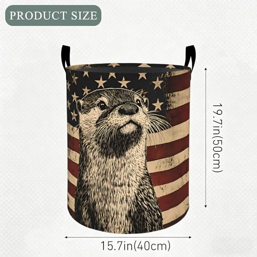Otter American Flag Laundry Basket Hamper, Organizer Bins Gifts for Women Kids, Patriotic Foldable Waterproof Clothes Hamper Handles Storage Bucket for Bedroom Bathroom Room Decor 19.7"x15.7" - color: Otter