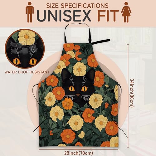 Cooking Aprons for Men and Women,Adjustable Bib Chef Apron with 2 Pockets, Soft and Durability Kitchen Apron - color: Black Cat Flowers