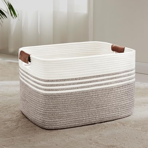 72L Woven Laundry Basket Hamper with Leather Handles,Dark Brown - color: Dark Brown, size: 72L