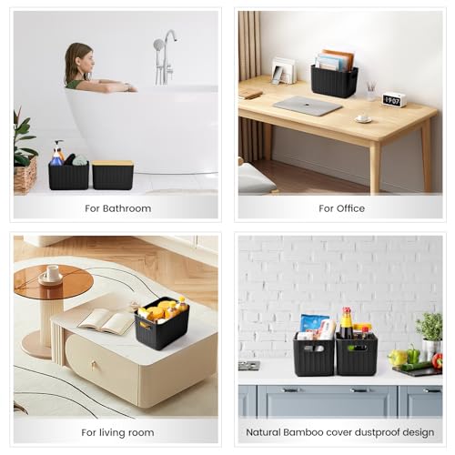 Ohmlove 4 Pack Storage Bins with Bamboo Lids,Stackable Box for Organization - color: Black