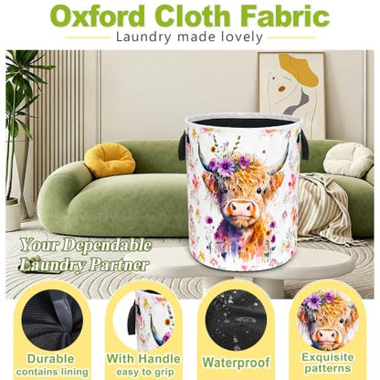 Highland Cow Laundry Basket Foldable Waterproof Oxford Cloth Funny Tote Bag - color: Highland Cow