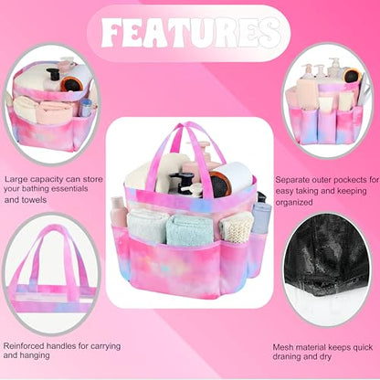 Mesh Shower Caddy Portable - 9 Pockets, Shower Bag for Dorm Room Camping - color: gradient pink