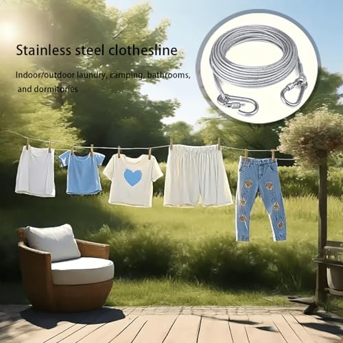 Stainless Steel Clothesline Wire, Heavy Duty Outdoor Laundry Line with Hooks, 5m/197in Multi-Purpose Wire Rope, Anti-Rust, Weather Resistant, for Camping, Yard, Pet Tie Out, Indoor & Outdoor Use - color: Silver, size: 197inches