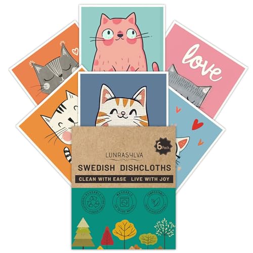 Swedish Dishcloths 6 Pack, Reusable Paper Towels Super Absorbent and Quick Drying for Kitchen, Biodegradable Washable Dish Towels Dishwasher Safe, Premium Cleaning Cloths with Watercolor Design (Cat) - color: Cutecat Theme
