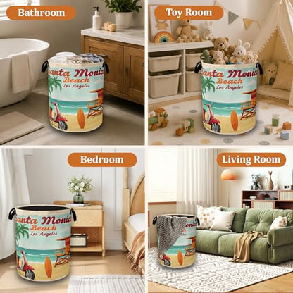 Summer Beach Laundry Basket, Foldable Laundry Hamper with Handles, Large Capacity Waterproof Clothes Storage Basket for Bedroom Bathroom College Dorm - color: Retro Summer Beach